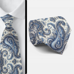 Premium Blå och Vit Diamant Paisley Nacke Band Slips