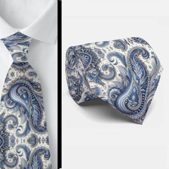 Premium Blå och Vit Diamant Paisley Nacke Band Slips (Skapare uppladdad)
