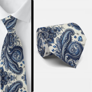 Premium blå och vit diamant paisley slips