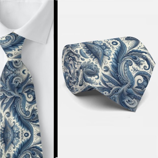 Premium Blå och Vit Paisley Halsduk Slips (Skapare uppladdad)