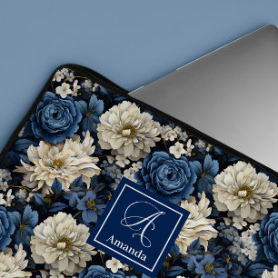 Premium Blå och Vita Blommor Elegant Laptopfodral Laptop Fodral