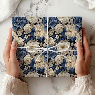 Premium Blå Vit Elfenben Blommig Lyxig Inpackning Presentpapper