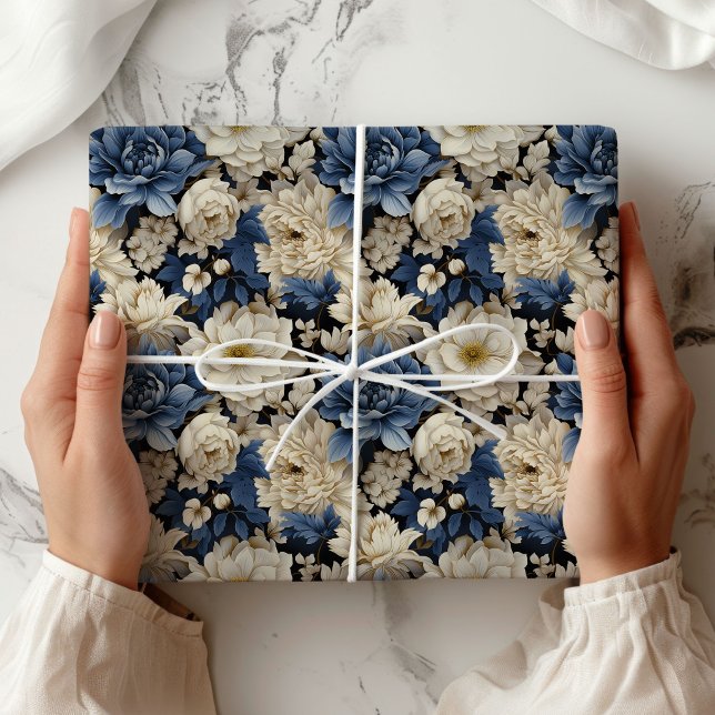 Premium Blå Vit Elfenben Blommig Lyxig Inpackning Presentpapper (Premium Blue White Ivory Floral Luxury Wrapping Paper)