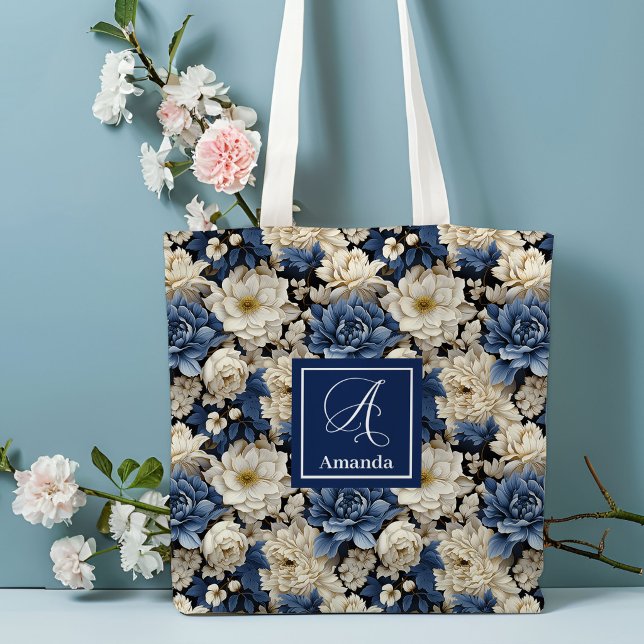 Premium Blå Vita Blommor Anpassad Namn Shoppingväs Tygkasse (Premium Blue White Flowers Custom Name Tote Bag)
