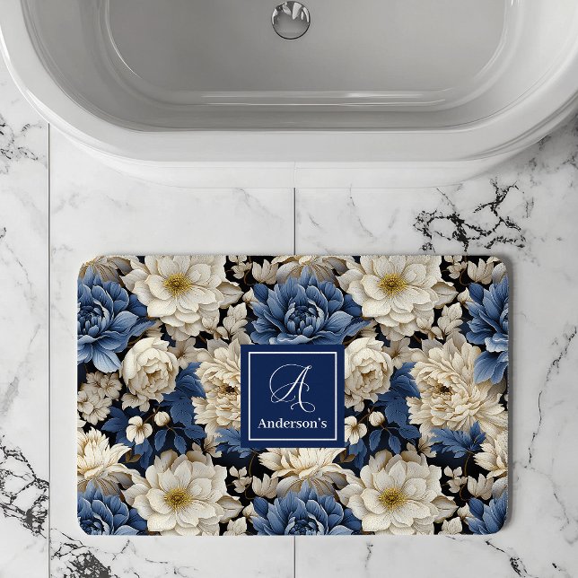 Premium Blå Vita Blommor Anpassat Namn Badrumsmatt Badrumsmatta (Premium Blue White Flowers Custom Name Bath Mat)