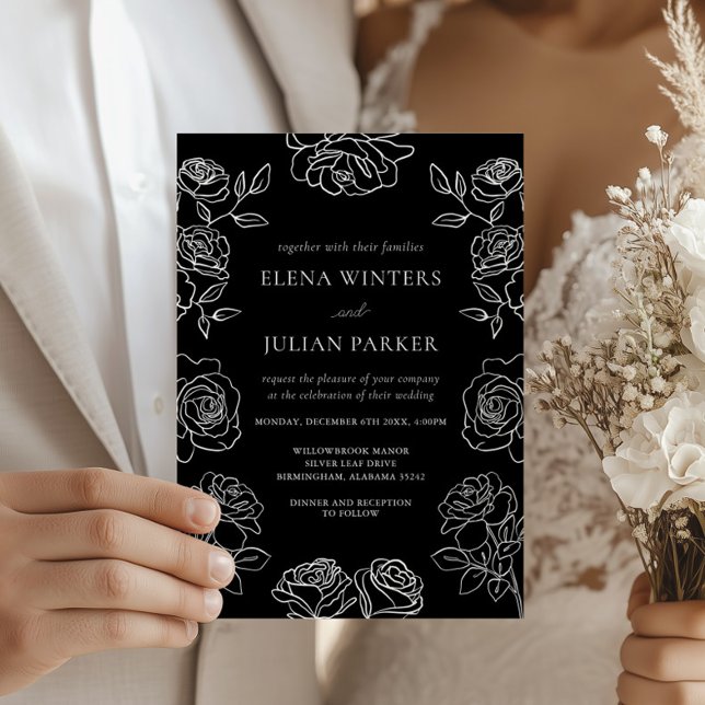 Premium Black And White French Roses Wedding Inbjudningar (Skapare uppladdad)
