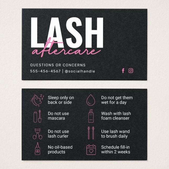 Premium Black Eyelash Extensions Aftercare Card Visitkort (Framsida & baksida)