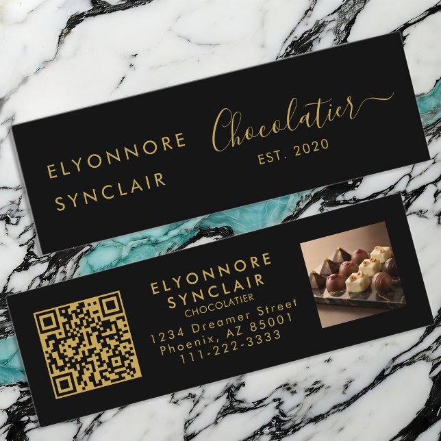 Premium Black Gold Script Chocolatier QR-kod Mini Visitkort (Skapare uppladdad)