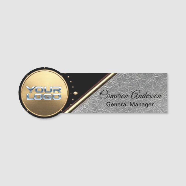 Premium Black Gold Textured Silver Name Tag Namnbricka (Framsida)