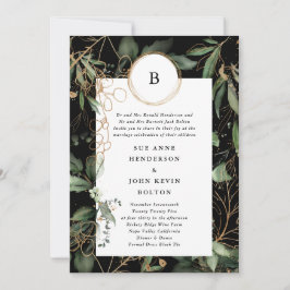 Premium Black Golden Circles Monogram Eucalyptus Inbjudningar