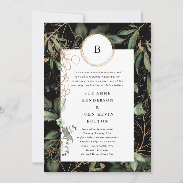Premium Black Golden Circles Monogram Eucalyptus Inbjudningar (Framsida)