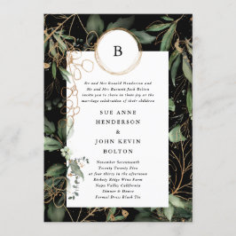 Premium Black Golden Circles Monogram Eucalyptus Inbjudningar