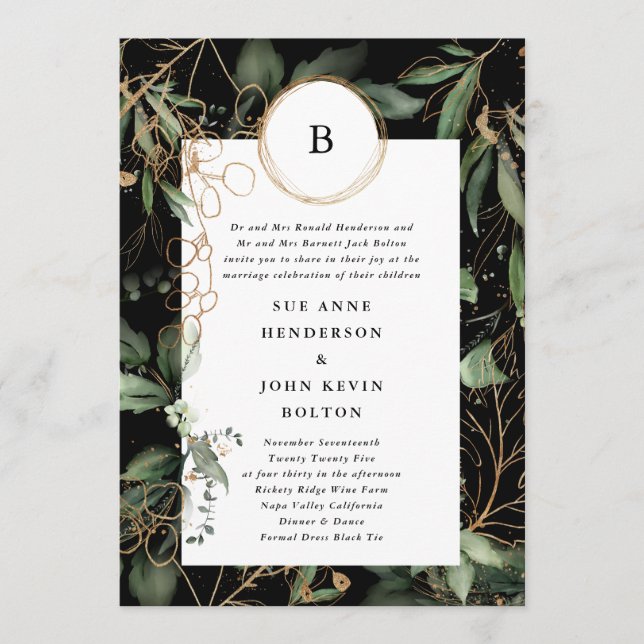 Premium Black Golden Circles Monogram Eucalyptus Inbjudningar (Framsida)