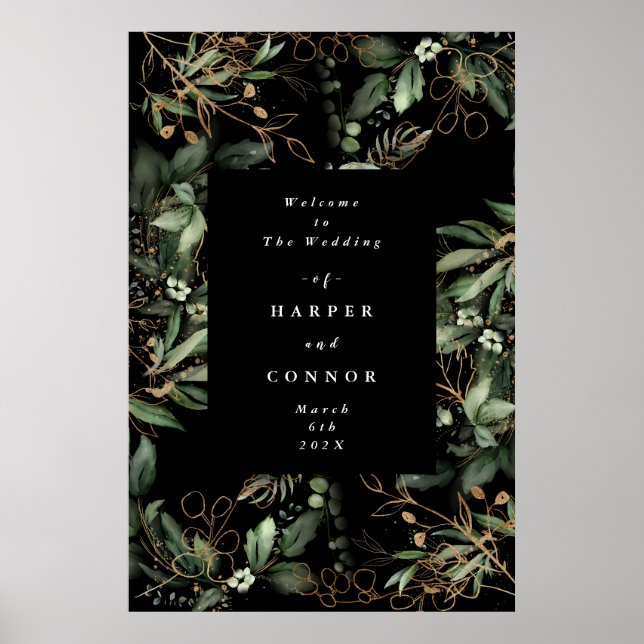 Premium Black Guld Botanical Eucalyptus Greenery Poster (Framsidan)
