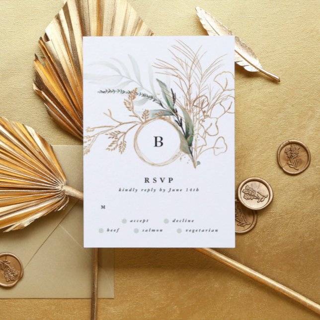 Premium Black Guld Monogram Eucalyptus Bröllop OSA Kort (Skapare uppladdad)