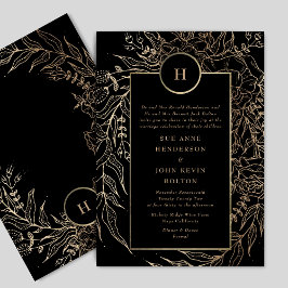 Premium Black Guld Monogram WAN Bröllop Inbjudningar