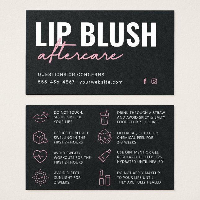Premium Black & Rosa Lip  Tattoo-eftervård Visitkort (Framsida & baksida)