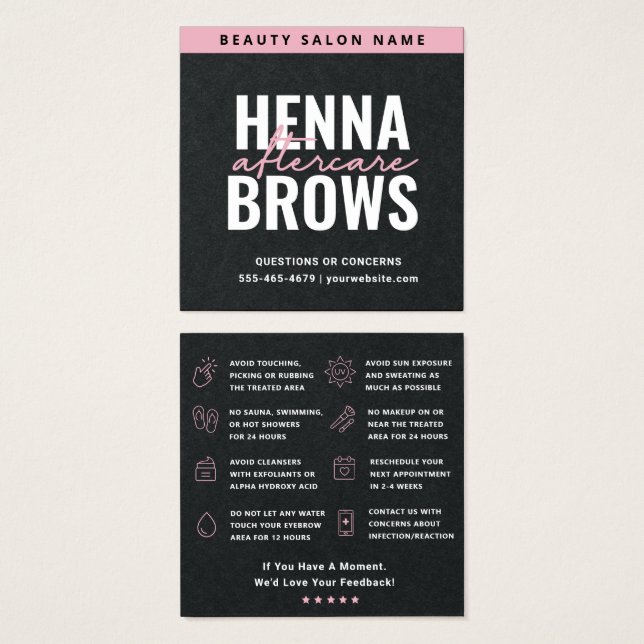 Premium Black Rosa Square Henna Brows-vårdkort Fyrkantigt Visitkort (Framsida & baksida)