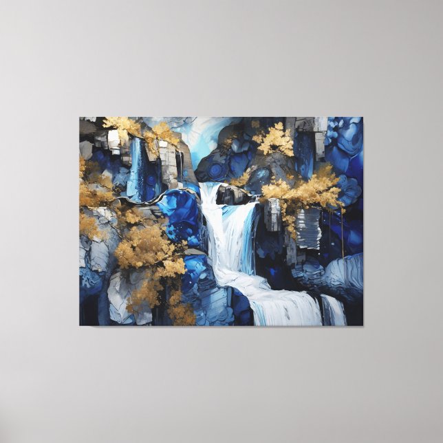 Premium Blue & White Waterfall Scenery Paint Art Canvastryck (Framsida)