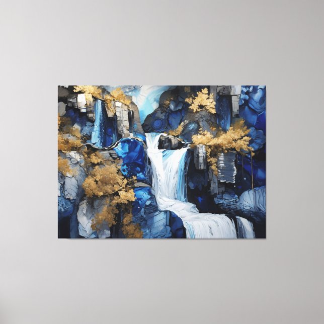 Premium Blue & White Waterfall Scenery Paint Art Canvastryck (Framsida)