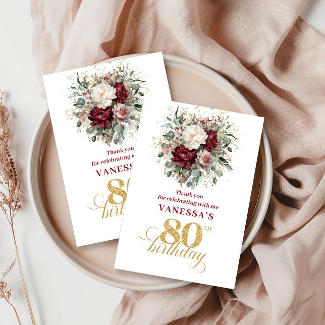 Premium Blush Burgundy 80-årsdag Tack  Kort (Premium Blush Burgundy 80th Birthday Thank You Card)