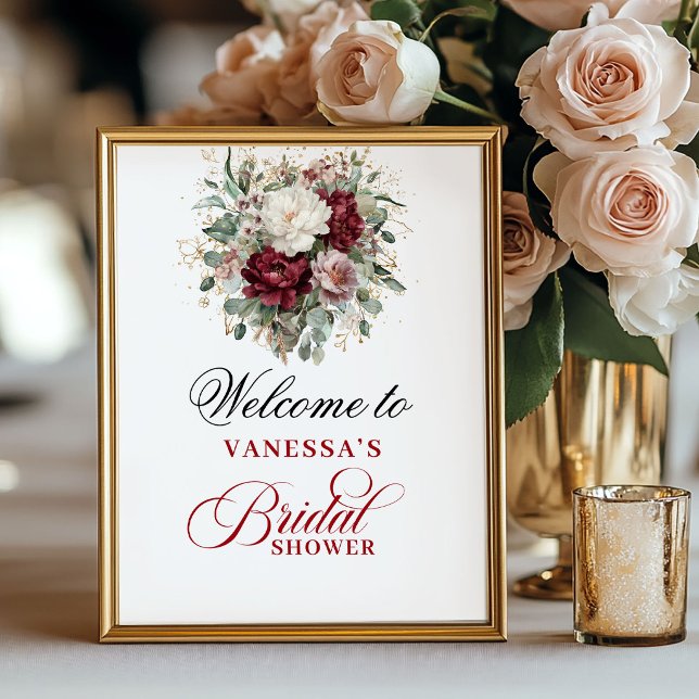 Premium Blush Burgundy Bröllopsfest Välkomstskylt Poster (Premium Blush Burgundy Bridal Shower Welcome Poster)
