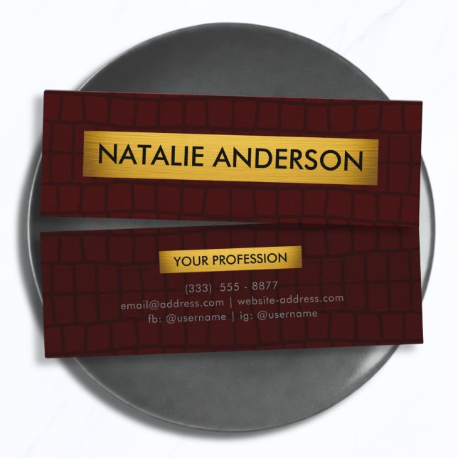 Premium Bourgogne Krokodilskinn & Guld Mini Visitkort (Skapare uppladdad)
