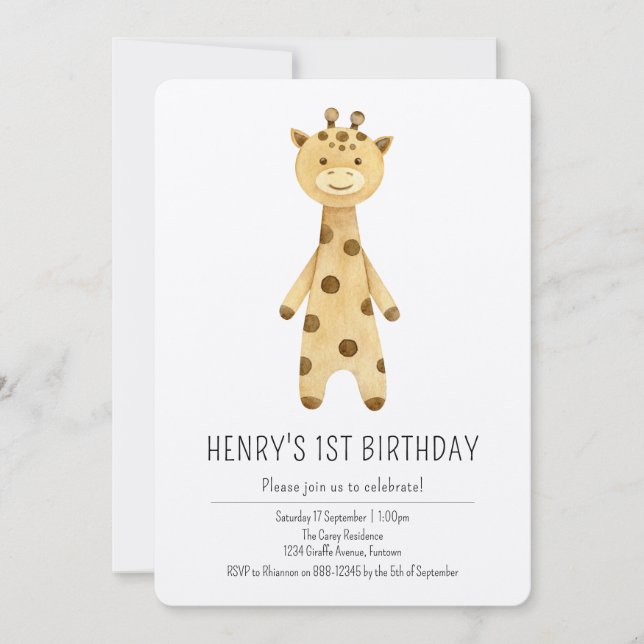 Premium, Cute Giraffe-barn, första födelsedagsinbj Inbjudningar (Framsida)
