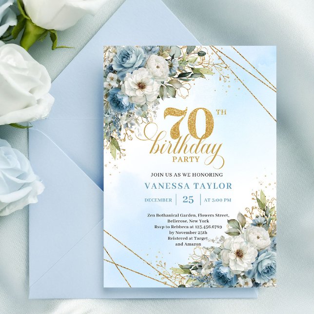 Premium dammiga blå blommor guld ram 70-årsfirande inbjudningar (Premium dusty blue florals gold frame 70th birthday)