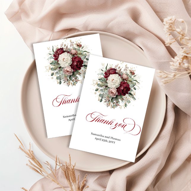 Premium Djupröd Blommig Grönskning Tacksamhetskort Tack Kort (Premium Deep Red Floral Greenery Thank You Card)