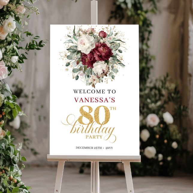 Premium djupröd blommig välkomstskylt för 80-årsda poster (Premium Deep Red Floral 80th Birthday Welcome Poster)
