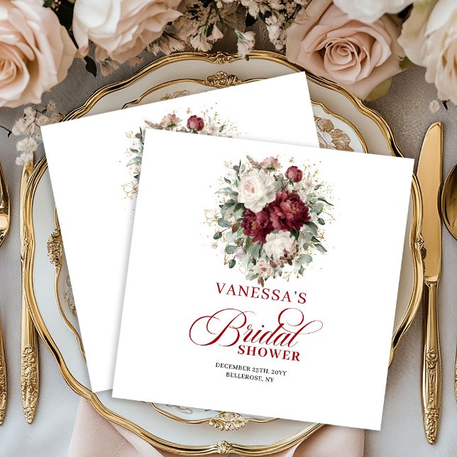 Premium djupröda blomsterbröllopsduschservetter pappersservett (Premium Deep Red Floral Bridal Shower Napkins)