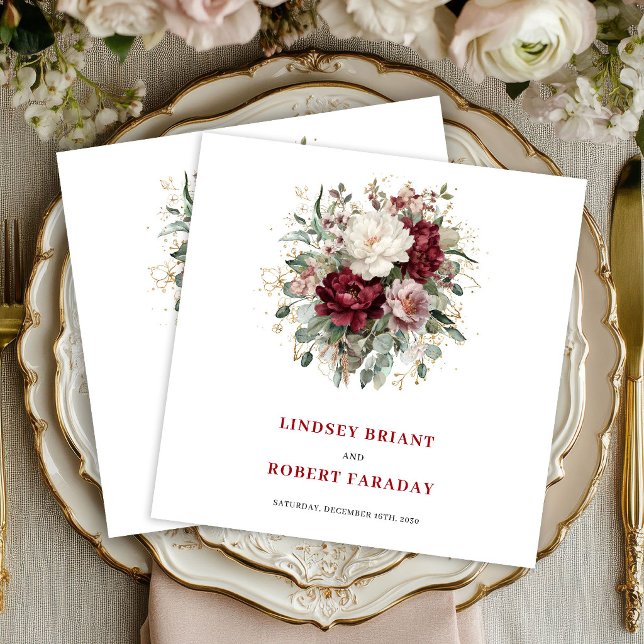 Premium djupröda blomsterdukar Eucalyptus Guld Ser Pappersservett (Premium Deep Red Floral Eucalyptus Gold Napkins)