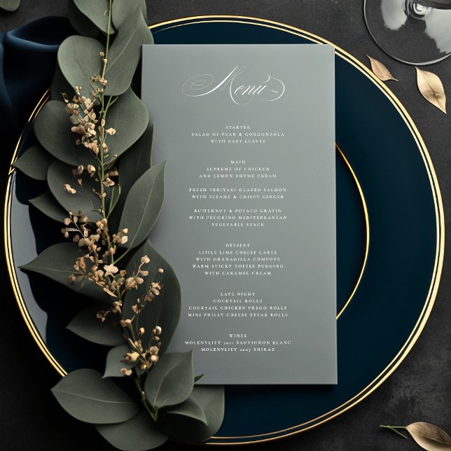Premium Elegant Calligraphy Grått Grönt Bröllop Meny (Skapare uppladdad)