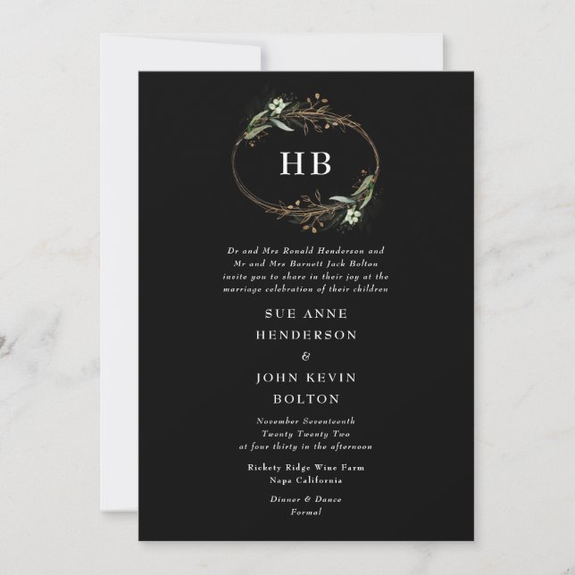 Premium Golden Black Eucalyptus Wandeans Monogram Inbjudningar (Framsida)