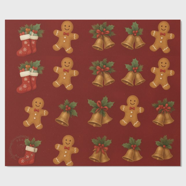 Premium julpapper – pepparkakor och klockor (Platt)