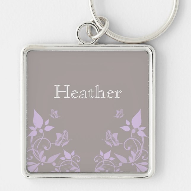 Premium Keychain för Blommigt av Lilac Butterfly Fyrkantig Silverfärgad Nyckelring (Framsidan)