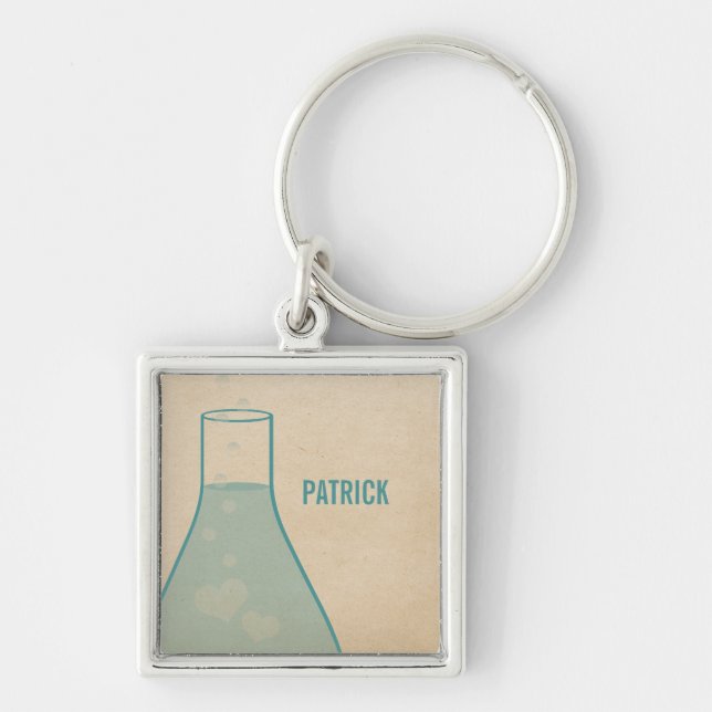 Premium Keychain, med Whimsical Beaker, skalning Fyrkantig Silverfärgad Nyckelring (Framsidan)