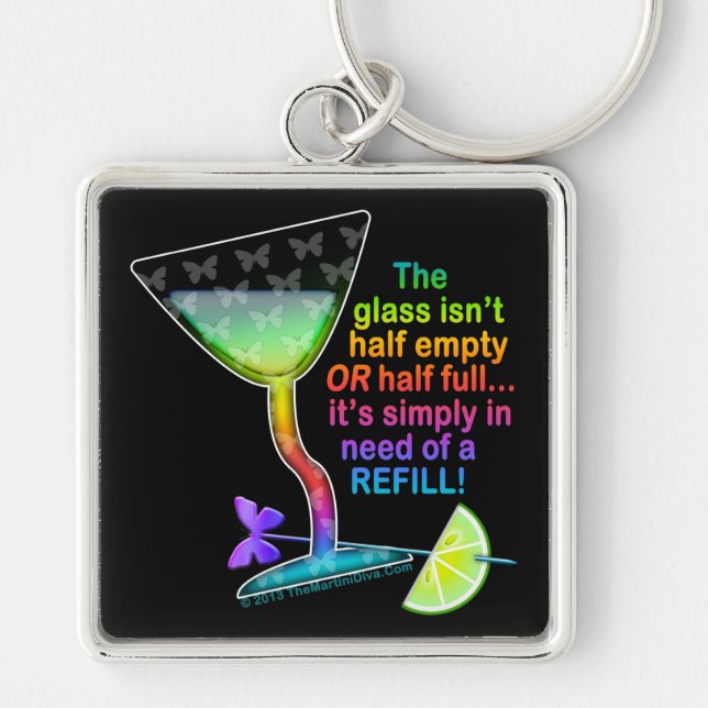 PREMIUM KEYCHAINS - GLASS HALF FULLT FYRKANTIG SILVERFÄRGAD NYCKELRING (Framsidan)