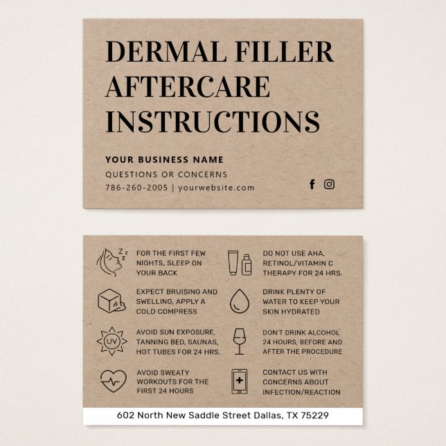 Premium Kraft Dermal Filler Aftercare Card Visitkort (Framsida & baksida)