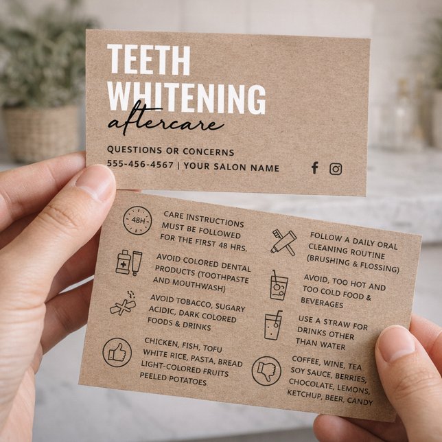 Premium Kraft Eco Teeth Whitening-efterbehandlings Visitkort (Dental Whitening Aftercare Card Rustic Kraft Care Guide for Clients)