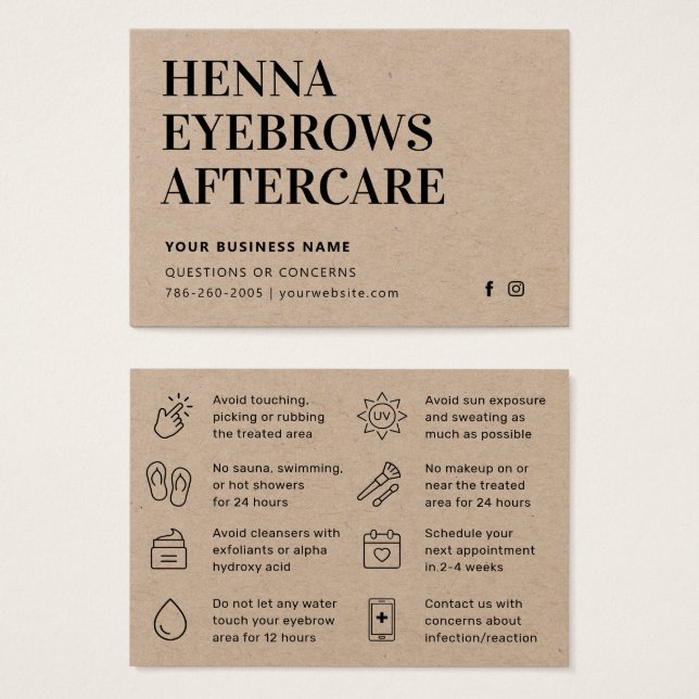Premium Kraft Henna Brows Aftercare Card Adress Visitkort (Framsida & baksida)