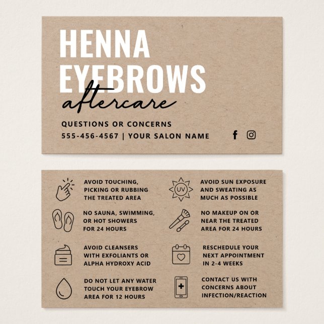 Premium Kraft Natural Henna Brows-eftervårdkort Visitkort (Framsida & baksida)
