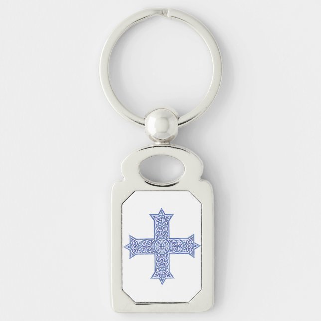 Premium Lapis Blue Koptisk Kors Konst Rektangulärt Silverfärgad Nyckelring (Framsidan)
