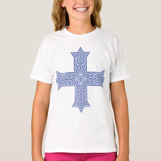Premium Lapis Blue Koptisk Kors Konst T Shirt (Framsida)