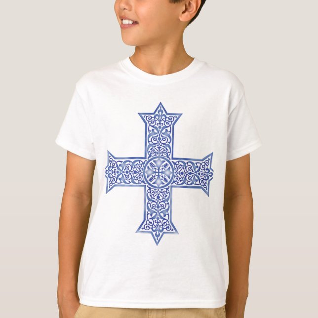 Premium Lapis Blue Koptisk Kors Konst T Shirt (Framsida)