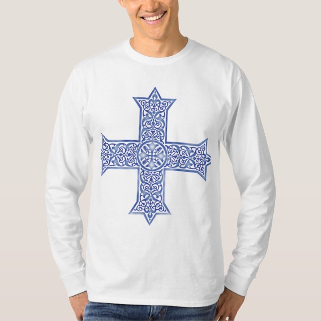 Premium Lapis Blue Koptisk Kors Konst T Shirt (Framsida)