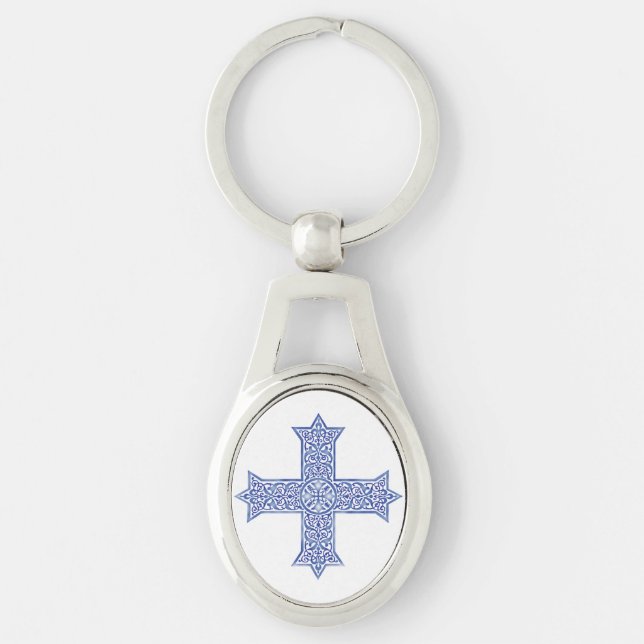 Premium Lapis Blue Koptyk Kors Konst Ovalt Silverfärgad Nyckelring (Framsidan)