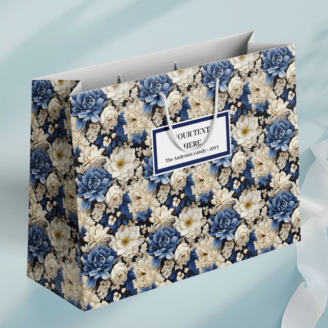 Premium Marin Vit Elfenben Blommig Lyxpresentpåse (Premium Navy White Ivory Floral Luxury Gift Bag)