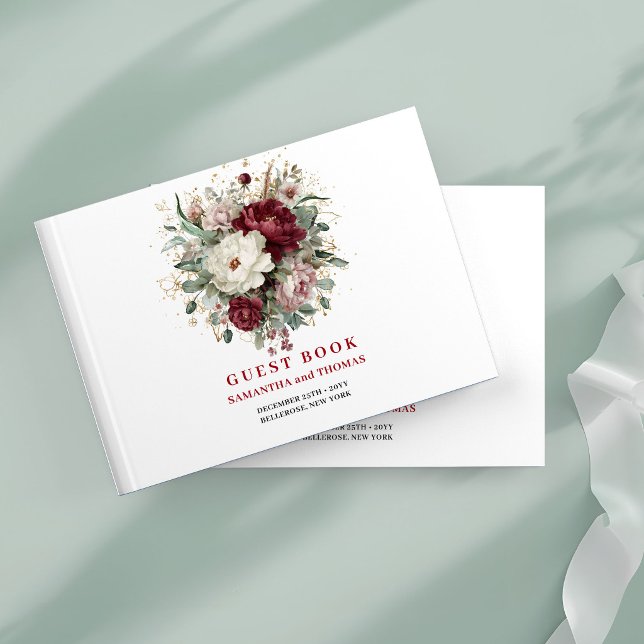 Premium Maroon Blommig Grönska Guld Gästbok (Premium Maroon Floral Greenery Gold Guest Book)